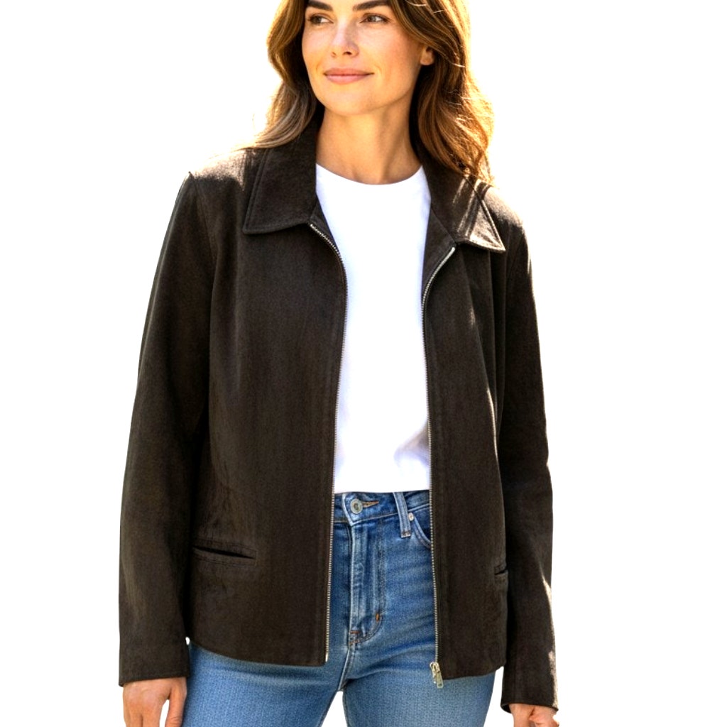 Worthington Large Black Leather Women's Coat Jacket Misses Size 12 14 Zipper